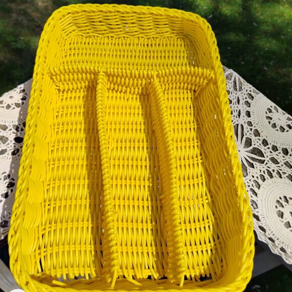 Source Unknown Other - yellow vintage woven wicker look drawer organizer or silverware organizer OOAK